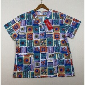 New Dagacci U.S.A. Multi-Color Floral Short Sleeve‎ Scrub Top Large Abstract Geo
